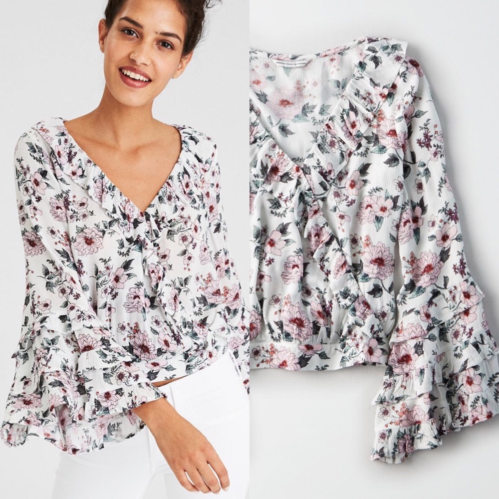 AEO Floral Wrap Front Ruffle Sleeve